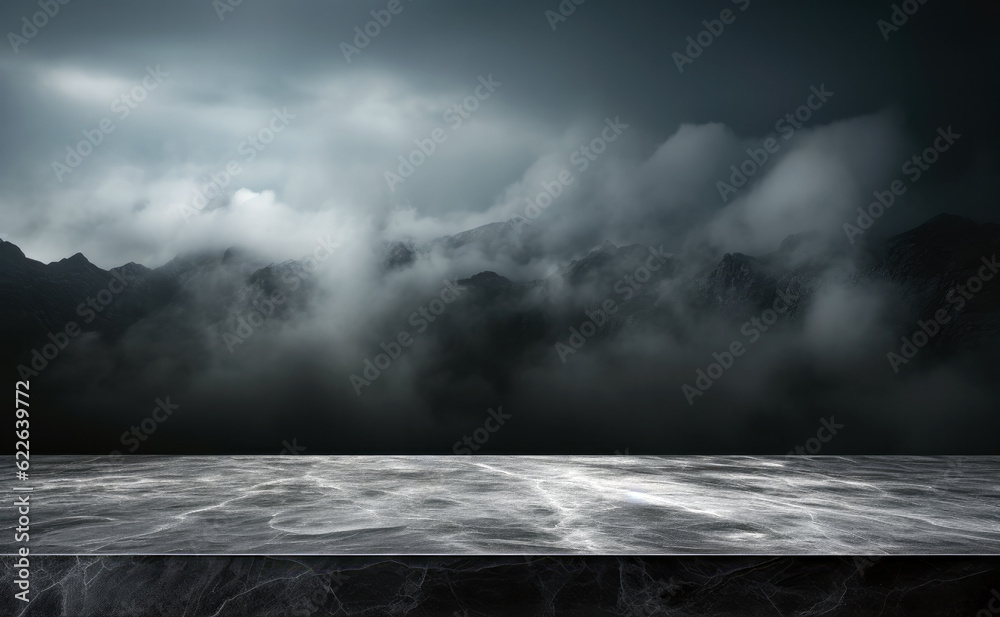 Poster empty marble table for product display montage. dark sky and fog background. high quality photo