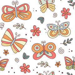 Fototapeta na wymiar Butterfly baby print. Retro butterfly pattern. Cute hand drawn seamless background for textile, fabric, paper, wallpaper and product design, vector illustration