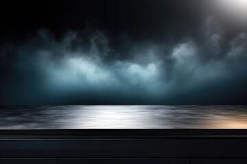 Empty black marble table with smoke in dark room. High quality photo