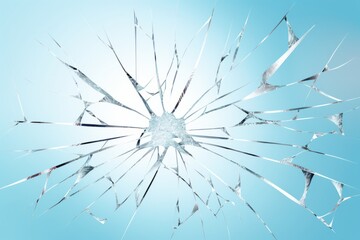 Texture of cracked glass close-up as a background. Broken car windshield. Glass cracks isolated on blue background. Generative AI
