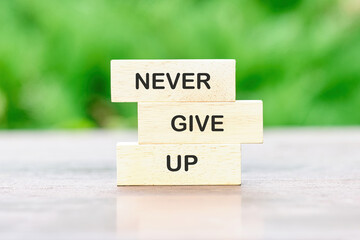 never give up text on wooden blocks on a background of plants out of focus