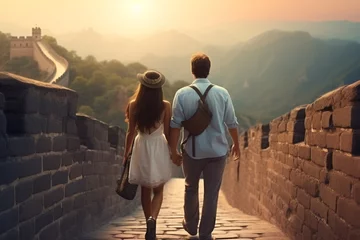 Fotobehang Chinese Muur Young couple traveling and walking on Great Chinese Wall. Landscape in background. Man and woman view from behind. Sunset summer background. Generative AI