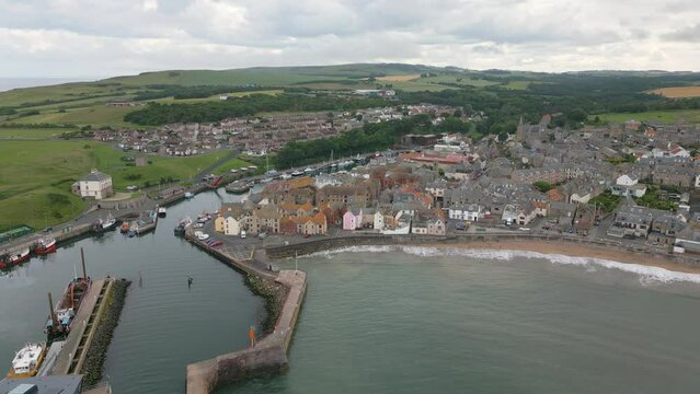 Aerial drone video of the coastal town Eyemouth