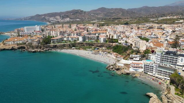 Aerial shot of Nerja town in Andalusia, Costa Del Sol, Spain