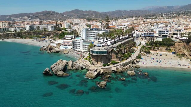 Aerial view of Balcon de Europa viewpoint in Nerja, Costa del Sol, Spain