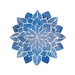 Silhouette of stylized blue flower drawn in watercolor, floral mandala or symbol, circular pattern in oriental style - 622640768