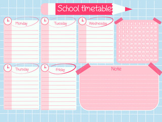 Pink, blue Purple School timetable with rainbow, flowers, empty to do list, weekly planer for kid's education, vector reminder ready for print 