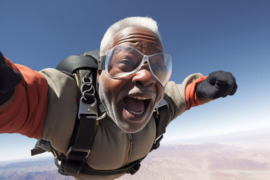 Excited African American senior male skydiving created with generative AI