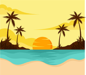 Fototapeta na wymiar beach with palm trees on summer sunset background