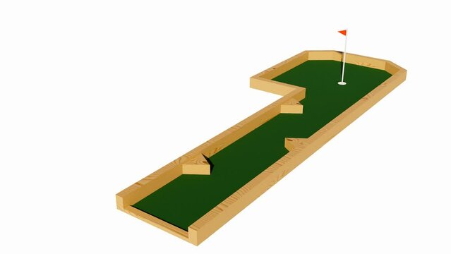 green mini golf course with wooden separator 3d illustration with flag or flagstick