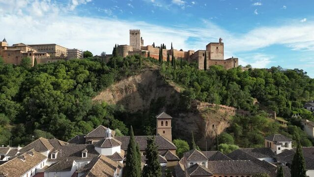 Flight towards The Alhambra, a palace and fortress complex in Granada, Spain