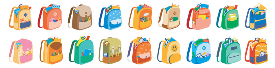 Schoolbag icon set. School supplies in backpack set. - 622641397