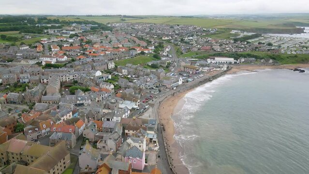 Aerial drone video of the coastal town Eyemouth