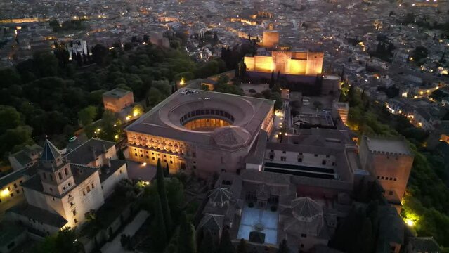 Drone view of The Alhambra complex at dusk in Granada, Andalusia, Spain