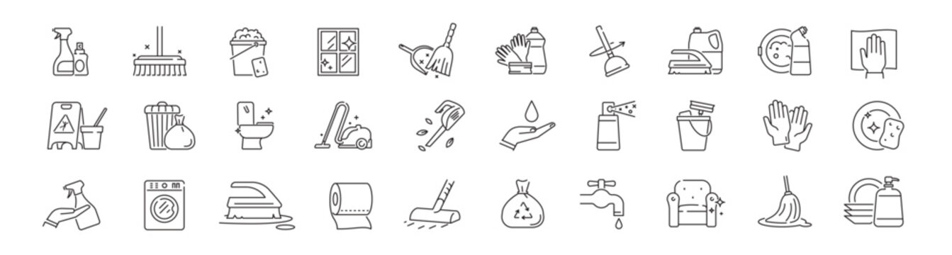 Cleaning icon set. Housekeeping icon set. Linear icon.