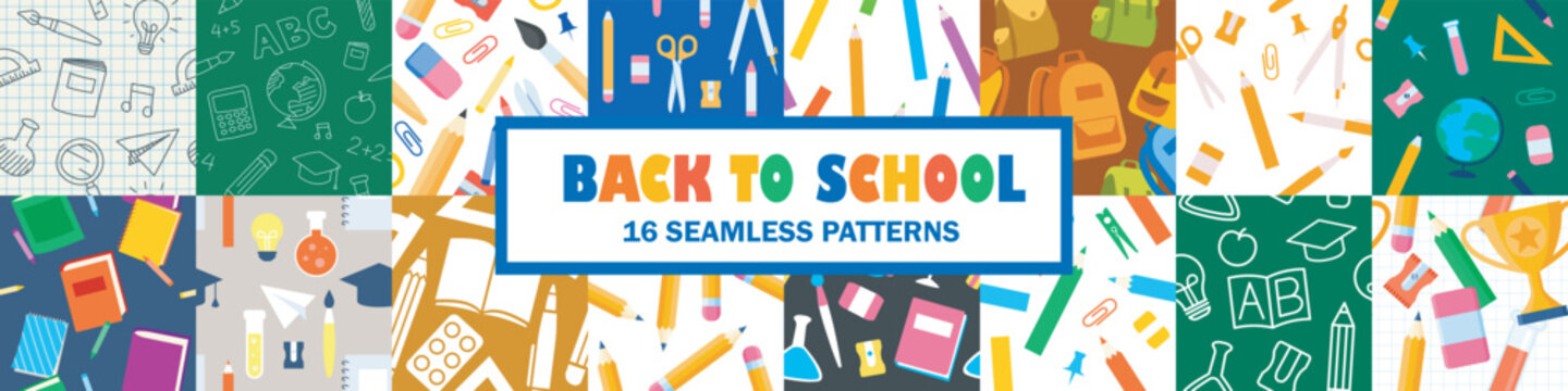 Back to school seamless pattern set. Flat and drawn style.