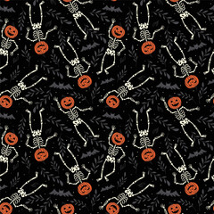 Skeletons with pumpkins on their heads dancing on black background. Seamless pattern for Halloween