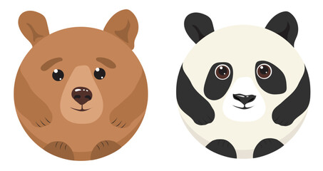 Two round cute panda bears and a brown bear with kind eyes, soft ears and paws. Vector image.