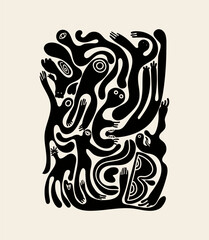 Strange surreal creatures with eyes and hands. Fictional characters isolated on beige background. Vector illustration