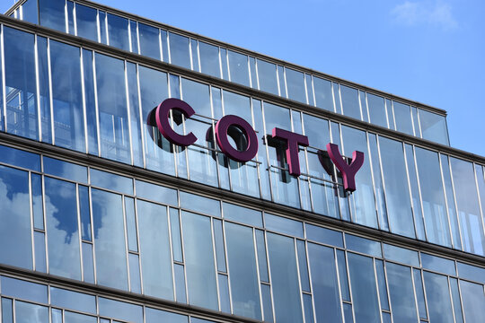 Coty logo, signage on the facade of Coty Eastern Europe office, American beauty product supplier company. WARSAW, POLAND - JULY 12, 2023