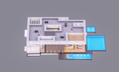 3d rendering of new concrete house in modern style with pool and parking for sale or rent only one floor in evening. Isolated on gray