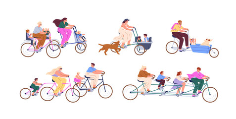 Families, kids, children cycling together. People riding tandem bicycle, cargo bike, multiple-seats and multi-pedal transport set. Flat graphic vector illustrations isolated on white background