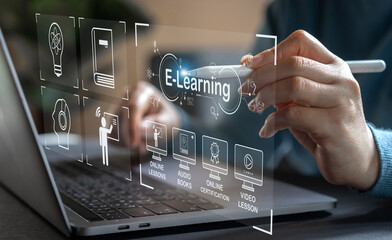 Human use laptop technology internet learning and study online class technology network,...