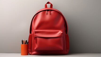 Large red leather school backpack next to pens and pencils isolated on gray background, back to school concept, school supplies, promo banner with copy space - obrazy, fototapety, plakaty