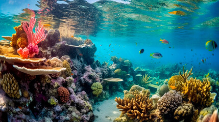 Naklejka na ściany i meble Captivating Underwater Beauty of a Vibrant Coral Reef. Generative AI.