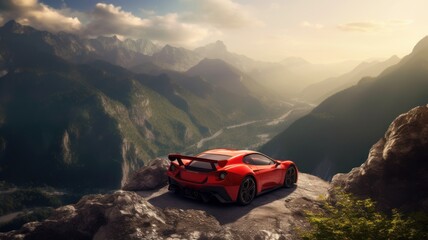 Red sport car on the top of mountain peak