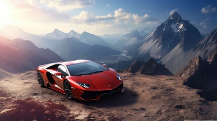Fototapeta na wymiar Red sport car on the top of mountain peak. Generative AI 5