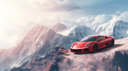 Red sport car on the top of mountain peak. Generative AI 3