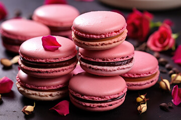 Fototapeta na wymiar Pink macaroons decorated with rose flowers and petals.