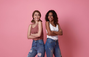 Portrait of two cheerful young women standing crossed arms and looking at together isolated on pink background.