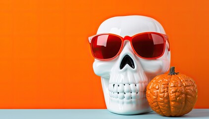 Halloween skull with sunglasses on orange background. 3d illustration.