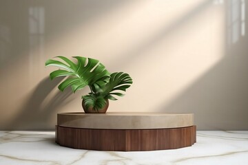 Sleek Geometric Modern Brown Wooden Podium Table. Generative AI