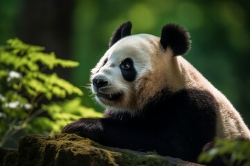 Fototapeta premium Panda on a tree green boke background. Generative AI