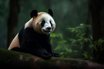 Obraz premium Panda on a tree green boke background. Generative AI