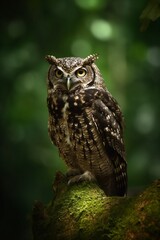 Owl on tree green boke background. Generative AI
