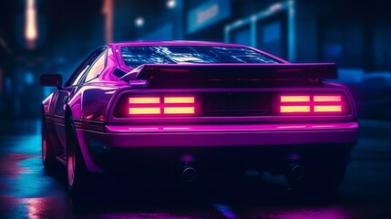 Fototapeta na wymiar Sports car in purple neon color. Generative AI