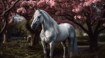 Obraz na płótnie Canvas White horse under sakura tree. Generative AI