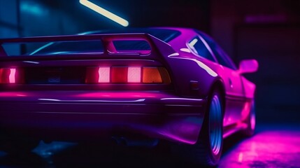 Sports car in purple neon color. Generative AI
