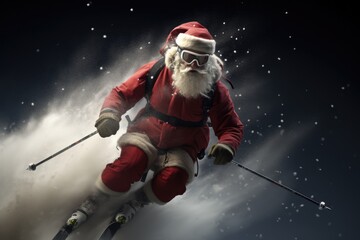 Santa Claus arrives skiing through the snow, a special illustration for Christmas. Generative AI