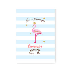 Summer party invitation template. A pink flamingo, glitters and stars.