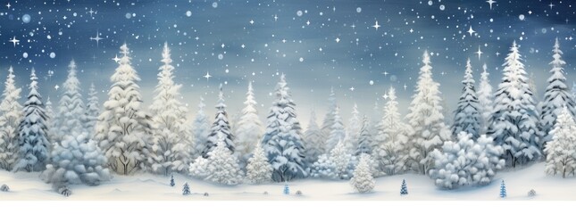 Fototapeta premium Snow-covered Christmas trees with falling snow, in shades of white and sky blue. Generative AI
