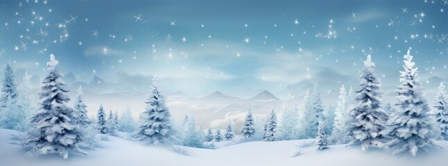 Fototapeta premium Snow-covered Christmas trees with falling snow, in shades of white and sky blue. Generative AI