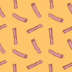 Vector seamless pattern of contour cinnamon stick in flat doodle style. Background or texture with seasoning, spice, ingredient for baking, hot drinks, aromatherapy, cooking
