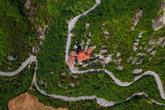 Aerial view of Holy Monastery of Rousanos in Meteora, Trikala, Thessaly, Greece.