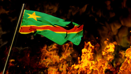 flag of Democratic Republic of Congo on burning fire bg - hard times concept - abstract 3D rendering