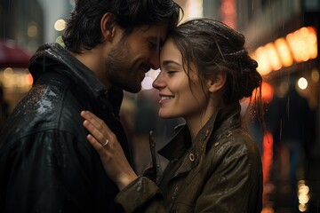 Obraz premium A couple dances in the rain in the city square. Generative AI